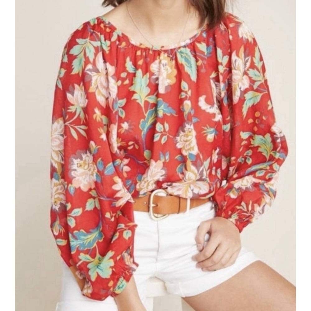 Anthropologie Maeve Lake House Red Floral Balloon Sleeve Peasant Top Size Small - Picture 2 of 12